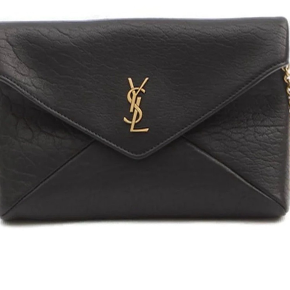 YSL Black Leather Envelope Cassandre Chain Pouch